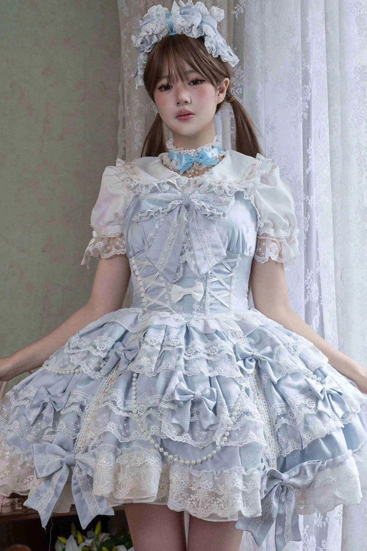 Blue [Small Cakes] Sleeveless Multi-Layered Ruffle Bowknot Lace Sweet Lolita Jsk Dress - Product - 3