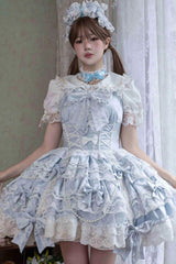 Blue [Small Cakes] Sleeveless Multi-Layered Ruffle Bowknot Lace Sweet Lolita Jsk Dress - Product - 3