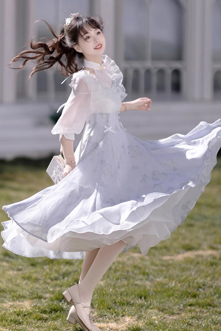 White/Blue Lace V Collar Half Sleeves High Waisted Sweet Lolita OP Dress - Product - 4