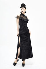 Black Cheongsam Velvet Three Dimensional Print Gothic Dress - Product - 6