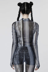 Black/Grey Long Sleeves Print Mesh Tie-dyed Women's Steampunk T-Shirt - Product - 3