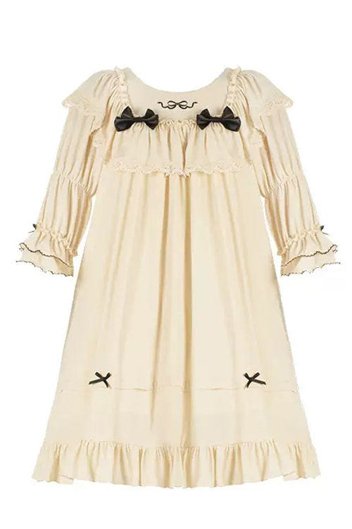 Beige Ruffled Square Collar Trumpet Sleeves Pillowside Fairy Tale Sweet Lolita Dress - Product - 4