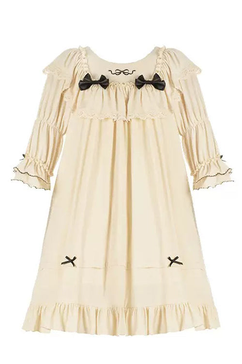 Beige Ruffled Square Collar Trumpet Sleeves Pillowside Fairy Tale Sweet Lolita Dress - Product - 4
