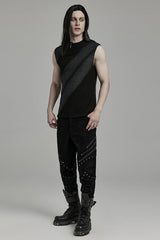 Black Sleeveless Print Asymmetric Zipper Men's Punk Tank Top - Product - 4