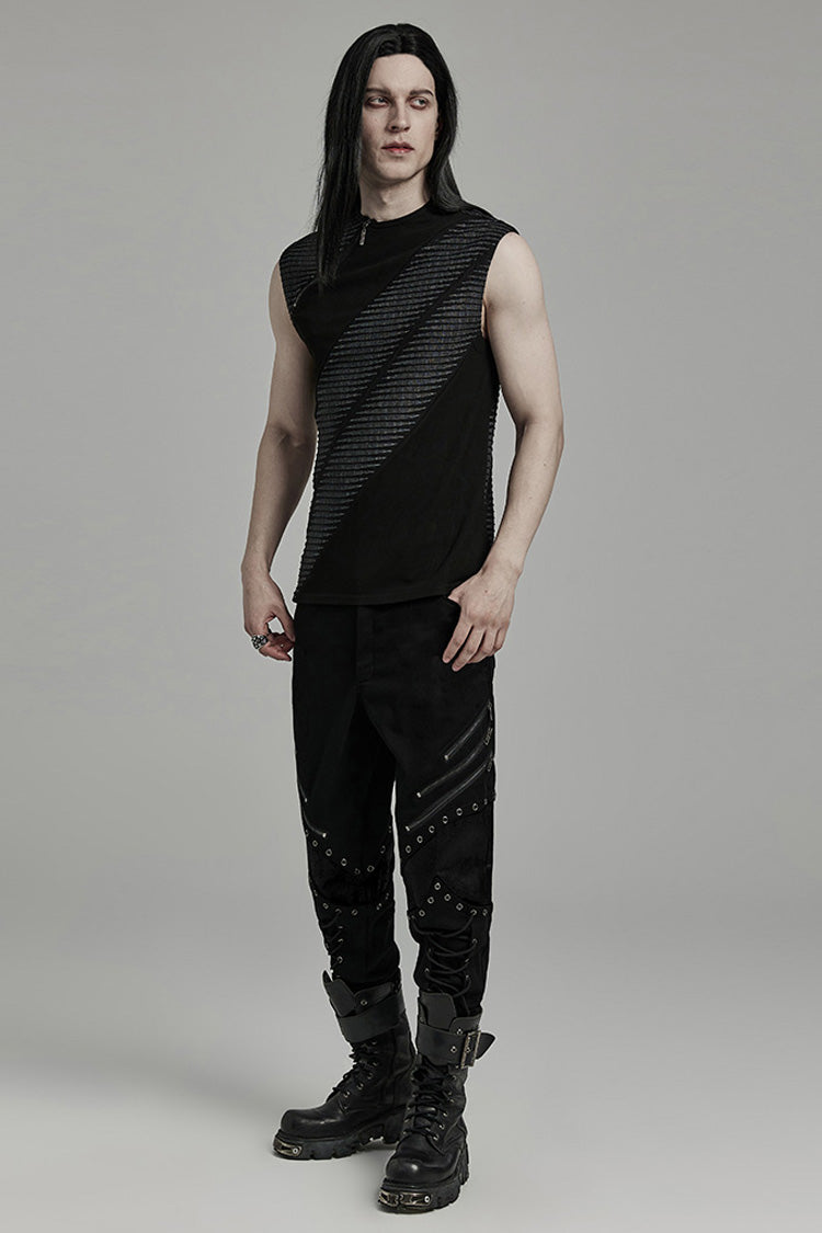 Black Sleeveless Print Asymmetric Zipper Men's Punk Tank Top - Product - 4
