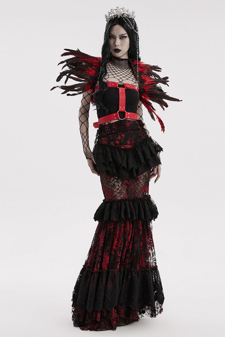Black/Red Faux Feather Women's Gothic Shoulder Harness - Product - 4