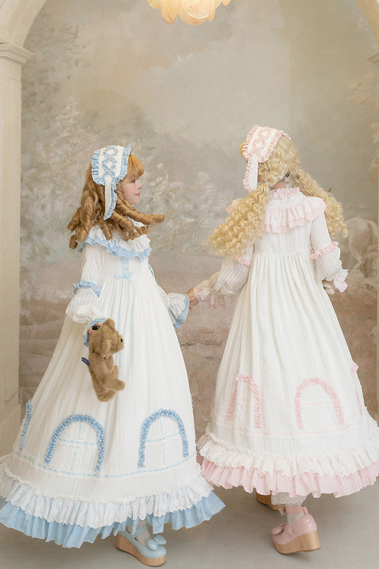 Pink [Twin Lilian] Round Collar Long Sleeves Double-Layered Ruffled Bow Lace-Up Sweet Lolita Dress - Product - 4