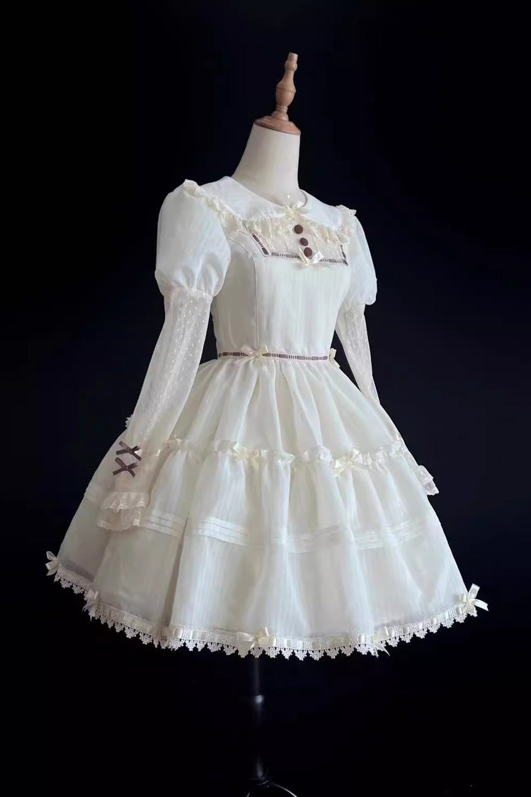 White Lapel Collar Long Sleeves Hollow Sweet Princess Lolita Dress - Product - 7