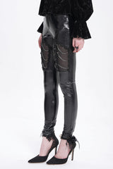 Black Chain Faux Leather Stitching Lace Women's Gothic Pants - Product - 3
