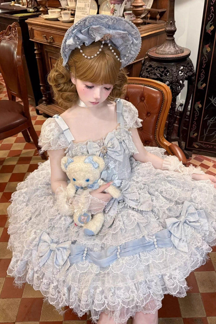 ブルー [Cloudborne Snowfeather] ノースリーブ ティアード 花嫁風 リボン パール ゴシックロリータ ジャンパースカート（JSK） 商品画像