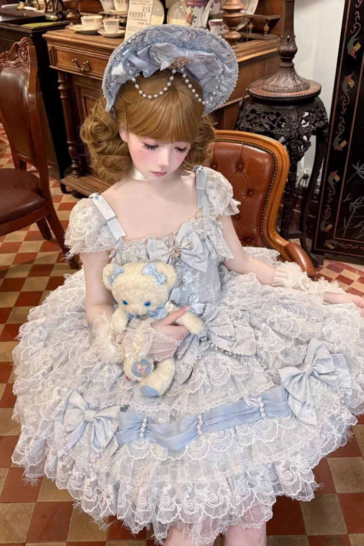 ブルー [Cloudborne Snowfeather] ノースリーブ ティアード 花嫁風 リボン パール ゴシックロリータ ジャンパースカート（JSK） 商品画像