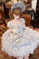 Blue [Cloudborne Snowfeather] Sleeveless Multi-Layered Hanayome Bowknot Pearl Gothic Lolita Jsk Dress - Product - 4