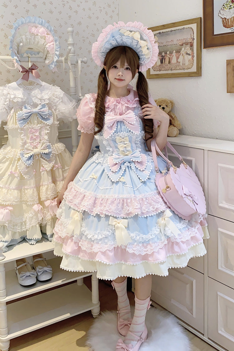 Blue/Pink [Fondant Cake] Sleeveless Multi-Layered Ruffle Bowknot Lace Sweet Lolita Jsk Dress - Product - 8