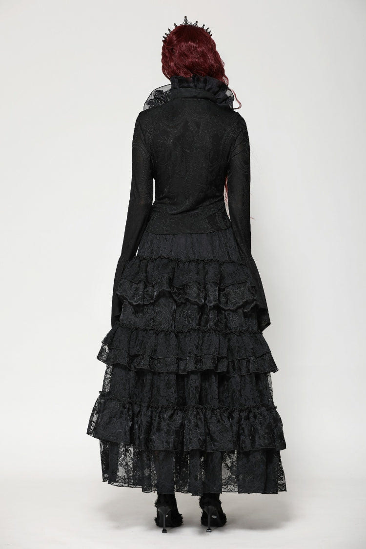 Black Lace Ruffled V Stand Collar Long Flared Sleeves Jacquard Women's Gothic Blouse - Product - 4