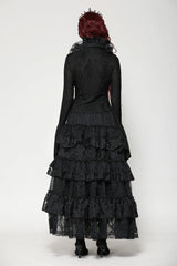 Black Lace Ruffled V Stand Collar Long Flared Sleeves Jacquard Women's Gothic Blouse - Product - 4