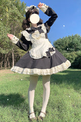 Black/White Maid Long Sleeves Ruffle Bowknot Stitching Sweet Short Lolita Dress - Product - 3