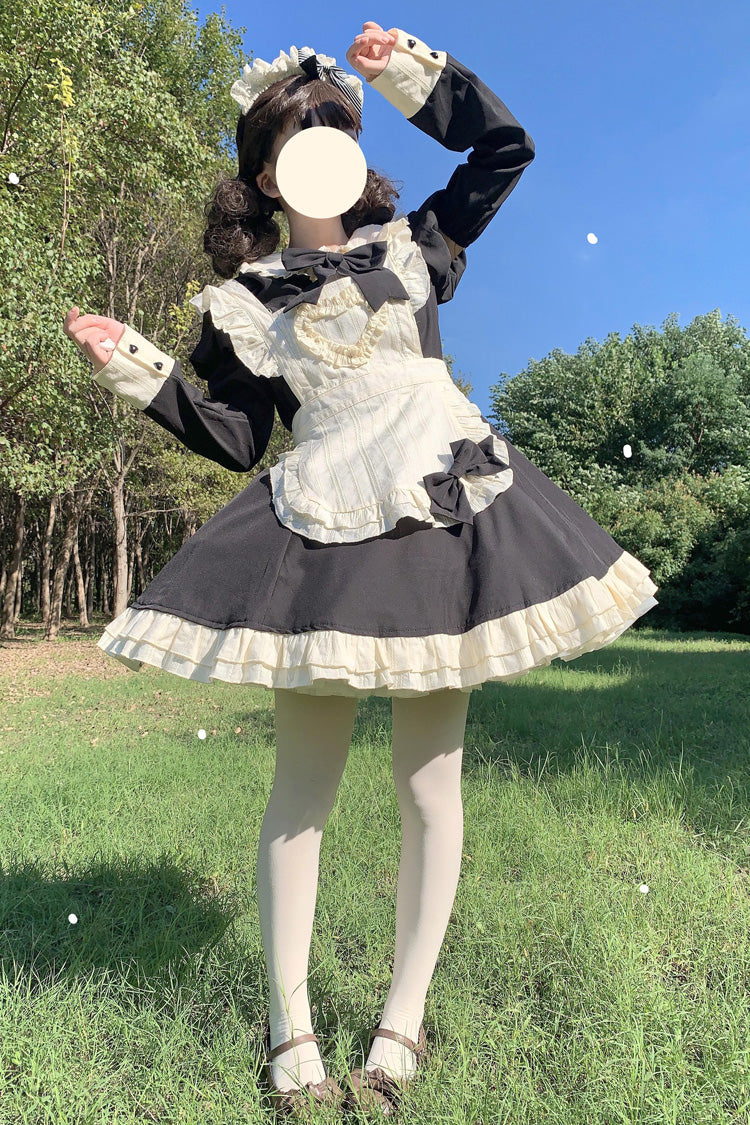 Black/White Maid Long Sleeves Ruffle Bowknot Stitching Sweet Short Lolita Dress - Product - 3