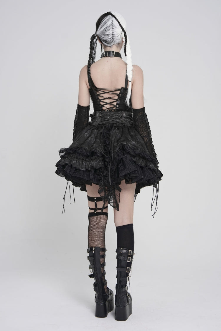 Black Off Shoulder Lace Lace-Up Slim Mesh Strappy Chain-Decorated Eyelet Women's Punk Corset - Product - 3