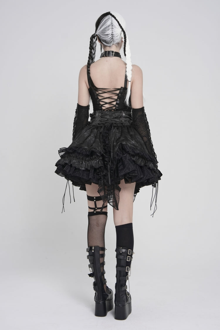 Black Off Shoulder Lace Lace-Up Slim Mesh Strappy Chain-Decorated Eyelet Women's Punk Corset - Product - 3