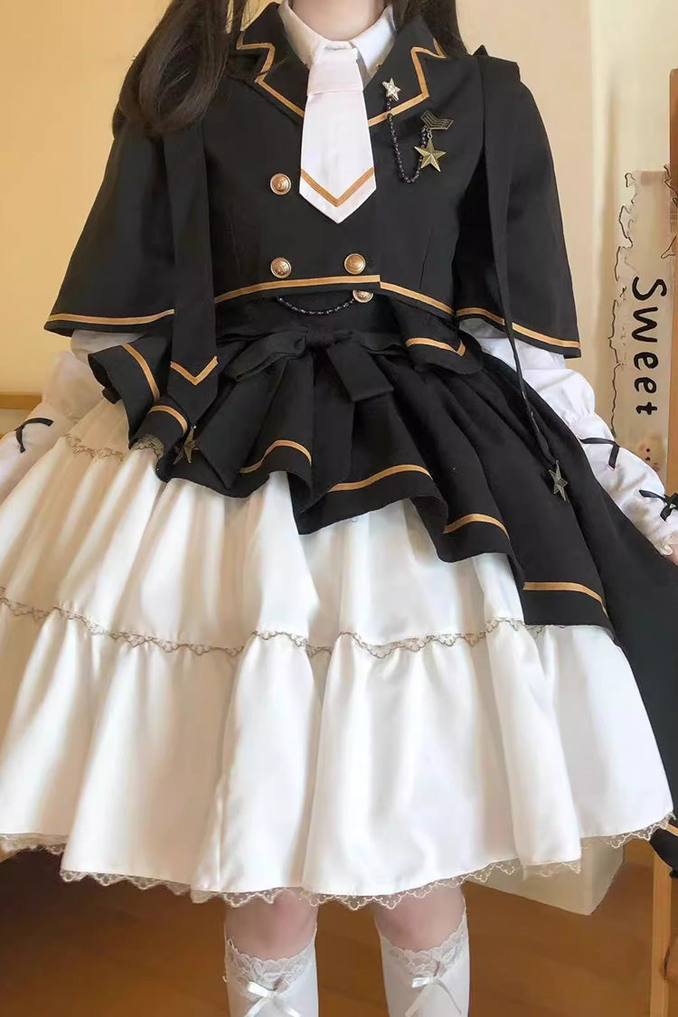 Black/White [Commander] Long Sleeves Ruffle Bowknot Irregular Sweet Lolita Dress Coat Cloak Set - Product - 2