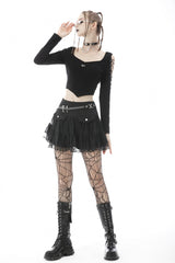 Black Long Sleeves Irregular Strappy Bat Women's Punk Crop Top - Product - 8