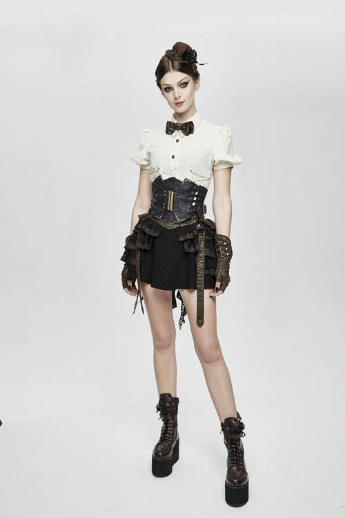 White Cotton Short Sleeves Slim Womens Punk Blouse - Product - 2
