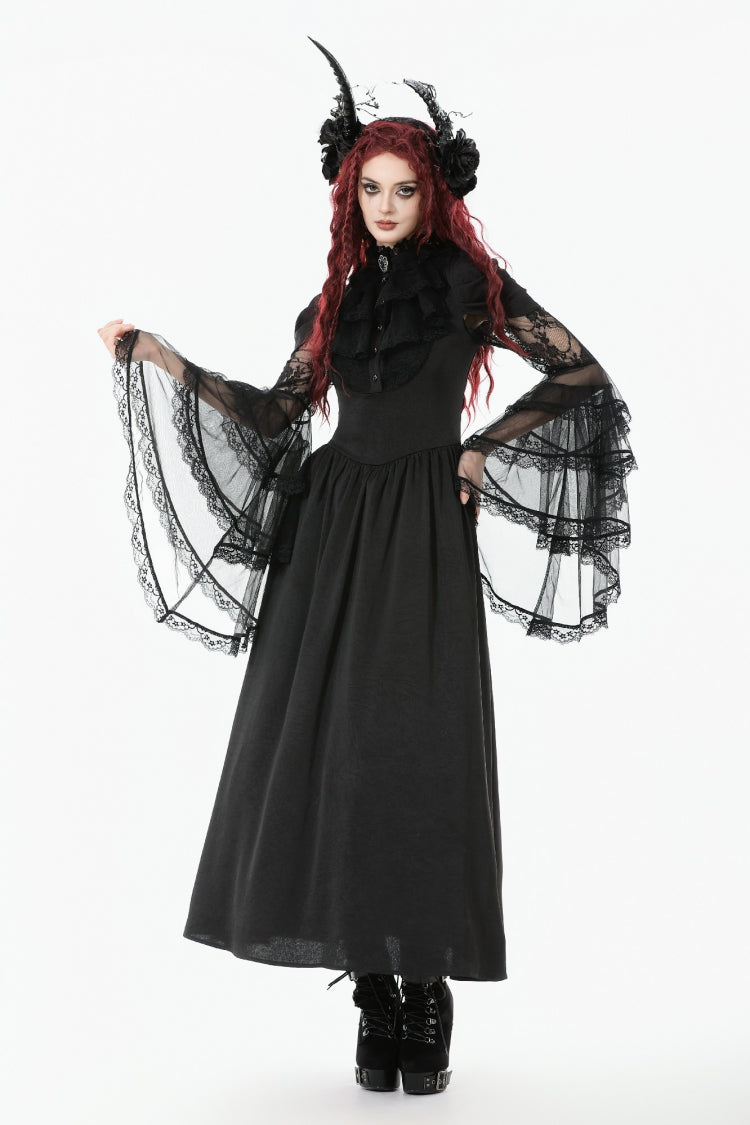 Black Stand Collar Trumpet Sleeves Multi-Layered Ruffled Lace Lace-Up Women's Gothic Wedding Dress - Product - 10