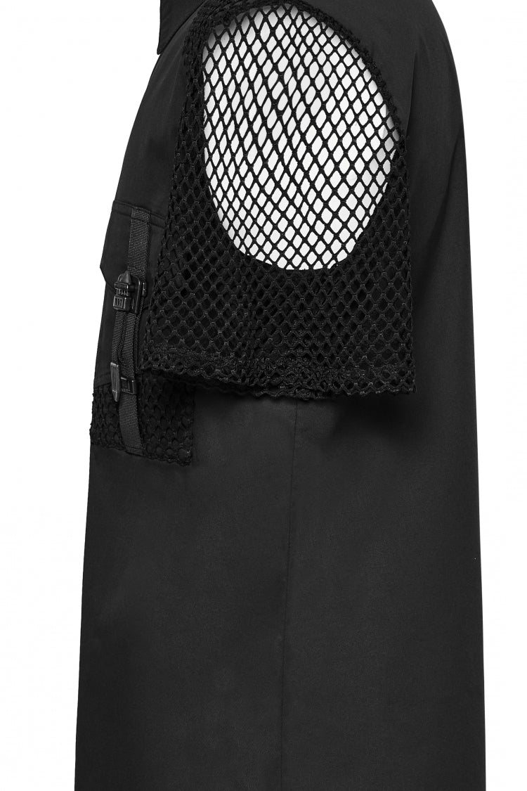 Black Lapel Collar Short Sleeves Mesh Stitching Men's Punk Blouse - Product - 6