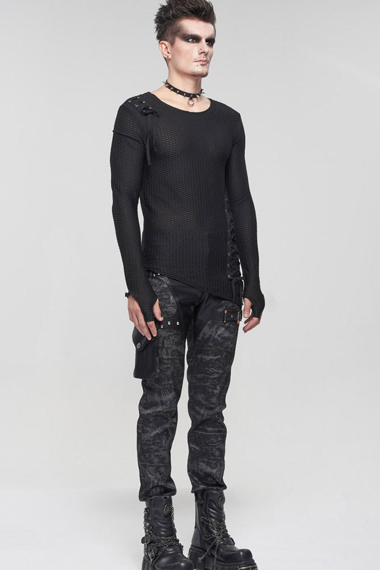 Black Gothic Asymmetry Drawstring Decoration Coarse Net Men's Shirt - Product - 9