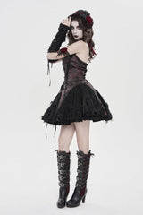 Black/Red Off Shoulder Sleeveless Printed Spliced Lace Lace-Up Pleated Women's Gothic Dress - Product - 8