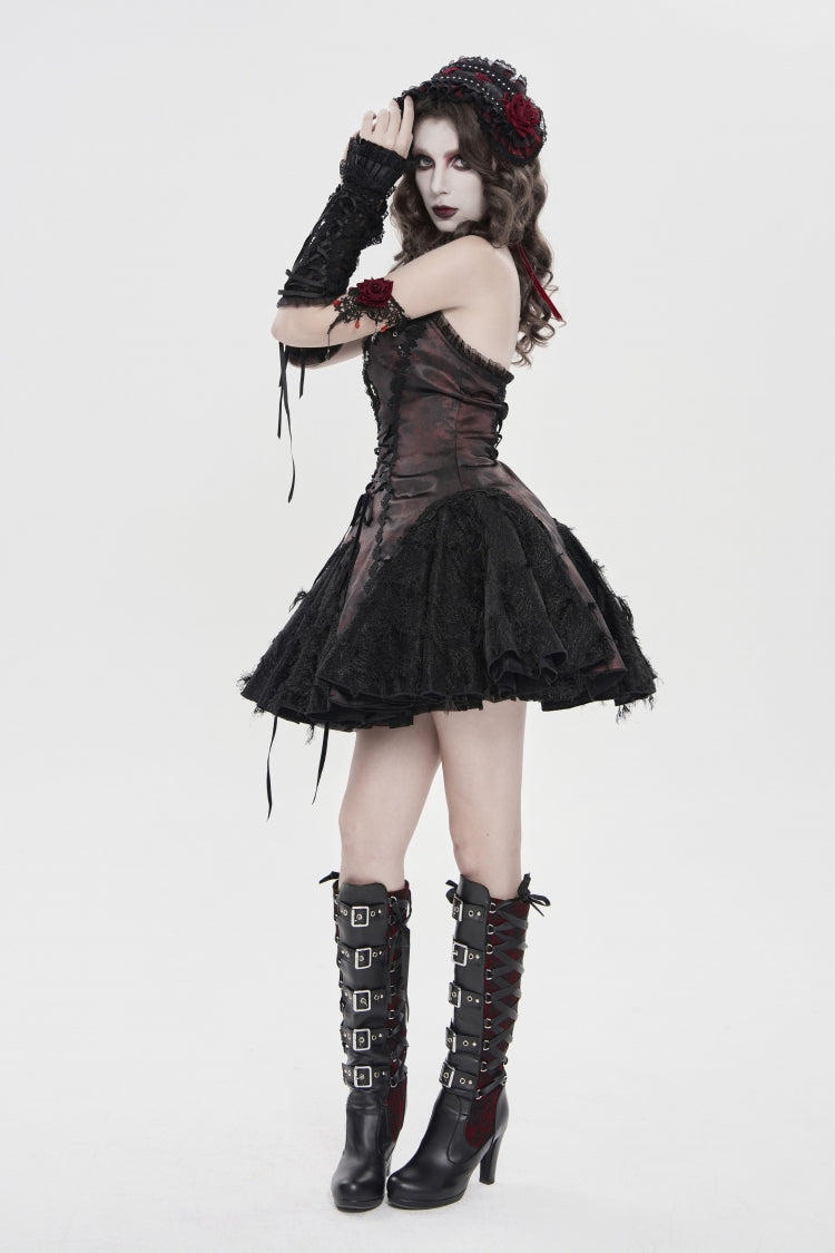 Black/Red Off Shoulder Sleeveless Printed Spliced Lace Lace-Up Pleated Women's Gothic Dress - Product - 8