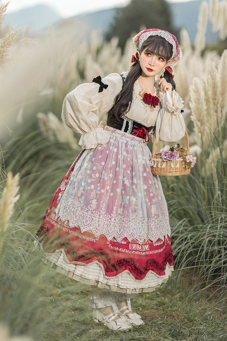 Wine Red [Ode to Plenty] Berries and Birds Print Ruffle Bowknot Velvet Classic Lolita Breast Support Jsk Dress - Product - 10