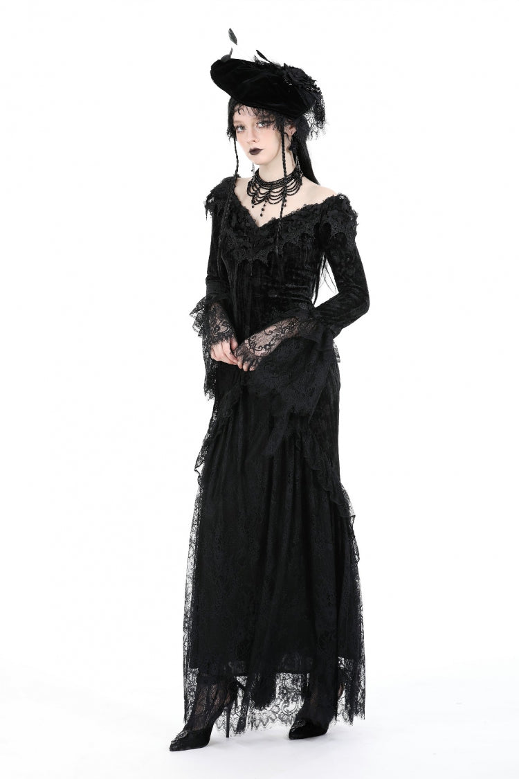 Black Off Shoulder Lace Long Trumpet Sleeves Lace-Up Women's Gothic Bodycon Dress - Product - 2