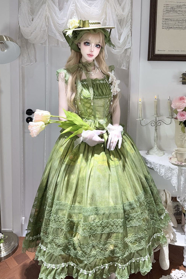 Green [Mist-shrouded Vineyard] Sleeveless Ruffle Bowknot Lace-Up Sweet Lolita Jsk Skirt Dress Set - Green - 1