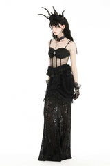Black Spaghetti Straps Sheer Double-Layered Ruffled Lace Women's Gothic Top - Product - 10