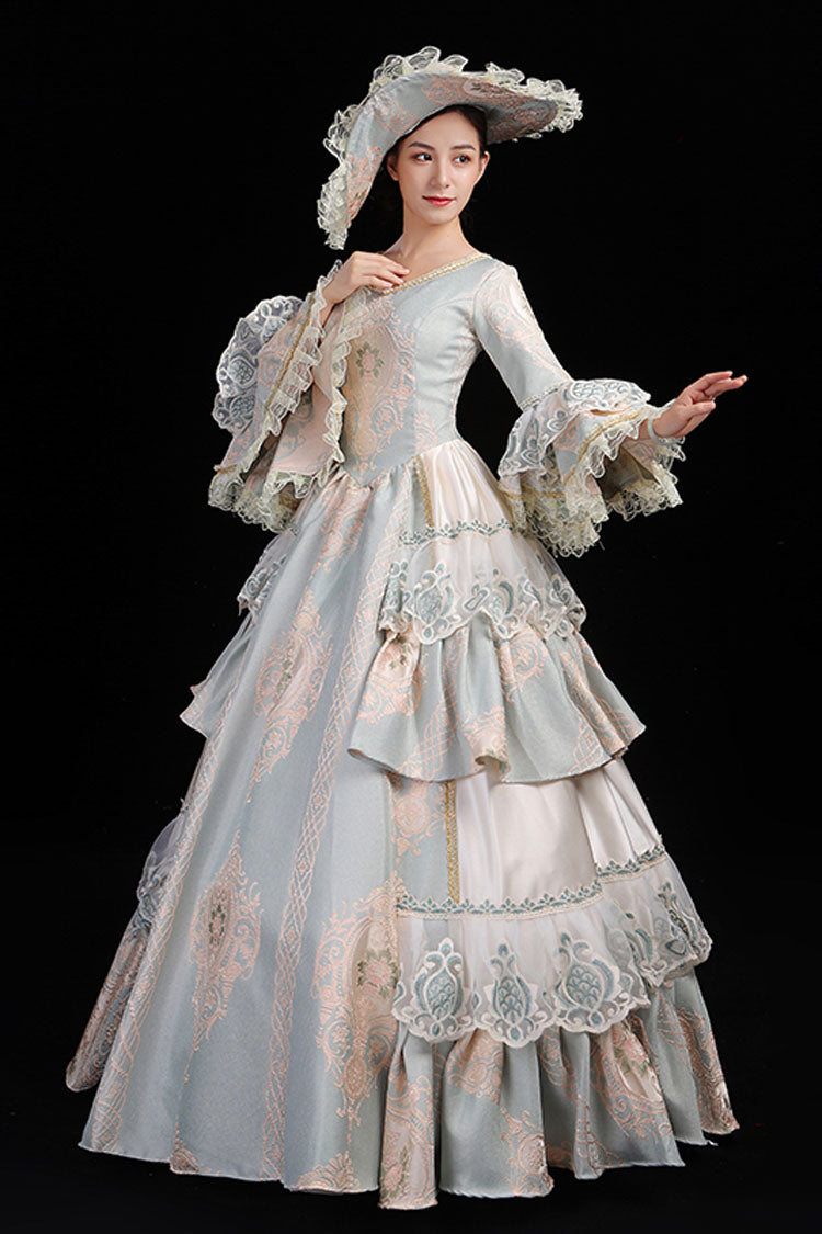 Light Blue Hime Sleeves High Waisted Round Collar Lace Stitching Hollow Embroidery Flower Print Victorian Lolita Prom Dress - Product - 4