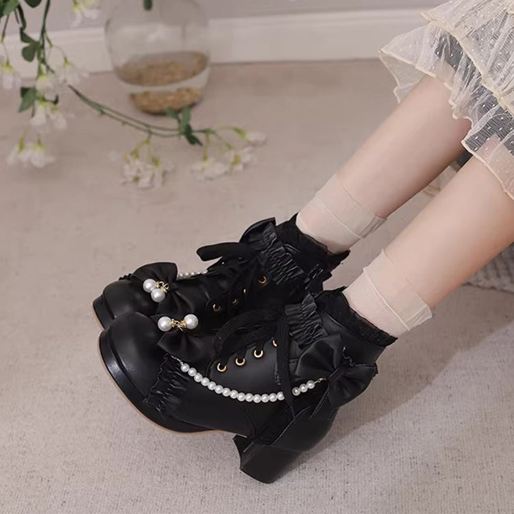 Sweet Ruffled Bow Pearl-Decorated Lolita Ankle Boots 3 Colors - Product - 9