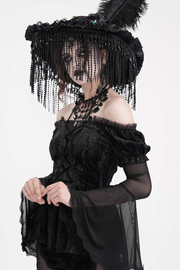 Black Halterneck Long Sleeves Hollow Lace-Up Mesh Women's Gothic Blouse - Product - 2