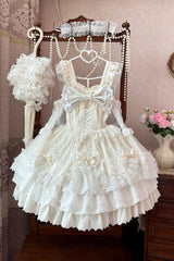 Ivory Sleeveless Triple-Layered Ruffle Embroidery Bowknot Lace-Up Pearl Sweet Plus Size Lolita Jsk Dress - Ivory - 1