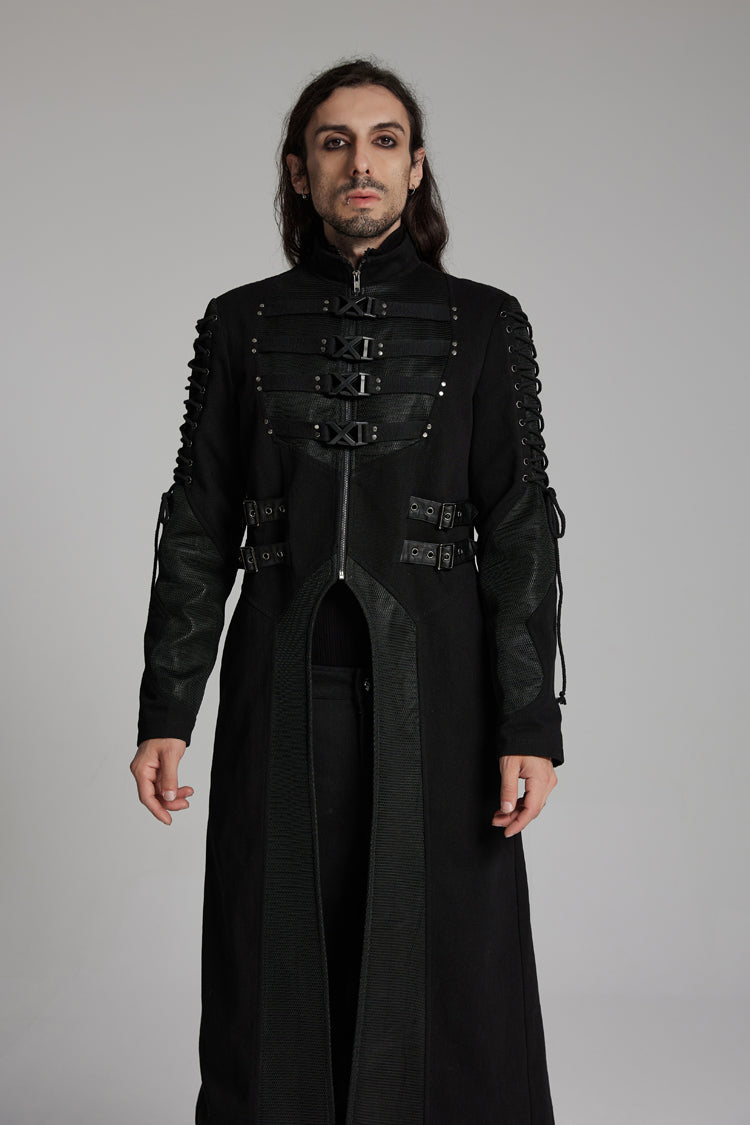 Black Buckle-up Rivets Long Sleeves Lace-Up Men's Punk Long Jacket - Product - 3