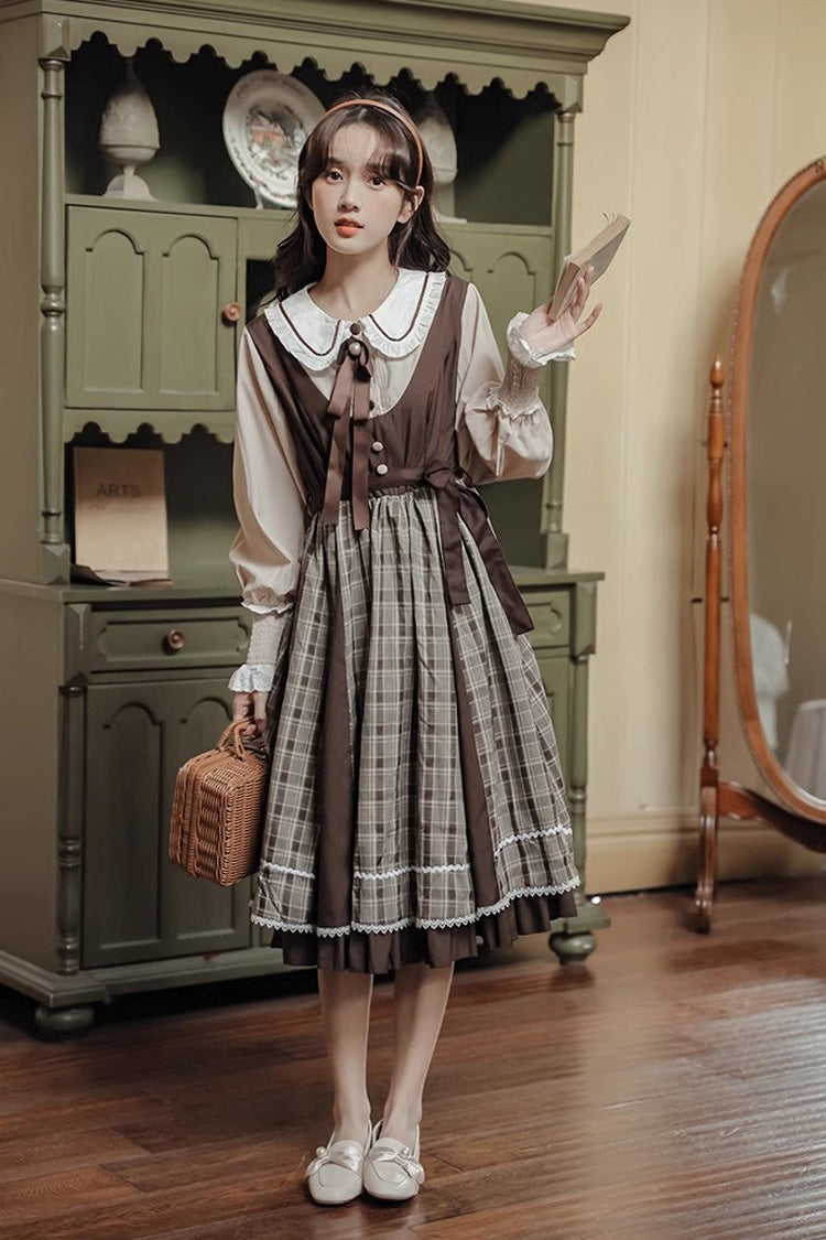 White/Brown Campus Style Doll Collar Lantern Sleeves Plaid Sweet Lolita OP Dress - Product - 5