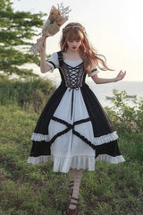 Black/White Bavarian Style Rose Embroidery Short Sleeves Sweet Lolita Dress - Product - 3