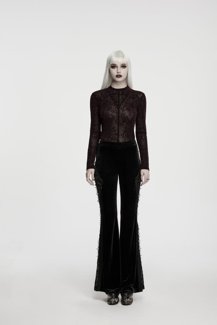 Black Patchwork Slim Fit Women's Gothic Floral Lace Spliced Beaded Tassel Flare Pants - Product - 3