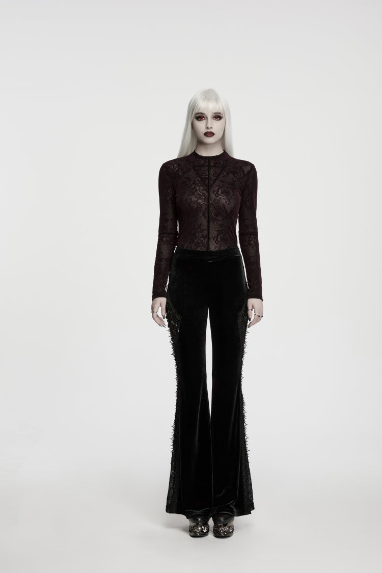 Black Patchwork Slim Fit Women's Gothic Floral Lace Spliced Beaded Tassel Flare Pants - Product - 3