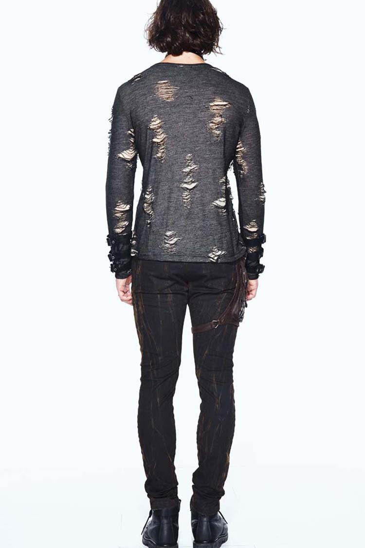 Black Long Sleeves Broken Holes Chest Lace Up Loop Cuff Men's Punk Shirt - Product - 5