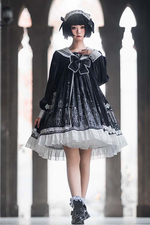 Black With Bow ON Chest Cross Print Gothic Lolita OP Dress - Product - 2