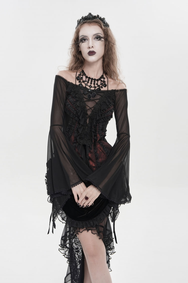 Black/Red Off Shoulder Long Trumpet Sleeves Ruffled Embroidered Lace-Up Women's Gothic Blouse - Product - 6
