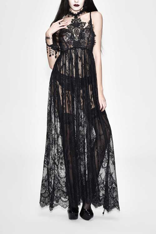 Black Mysterious Night Transparent Lace High Waist Sexy Halter Long Gothic Womens Dress - Black - 1