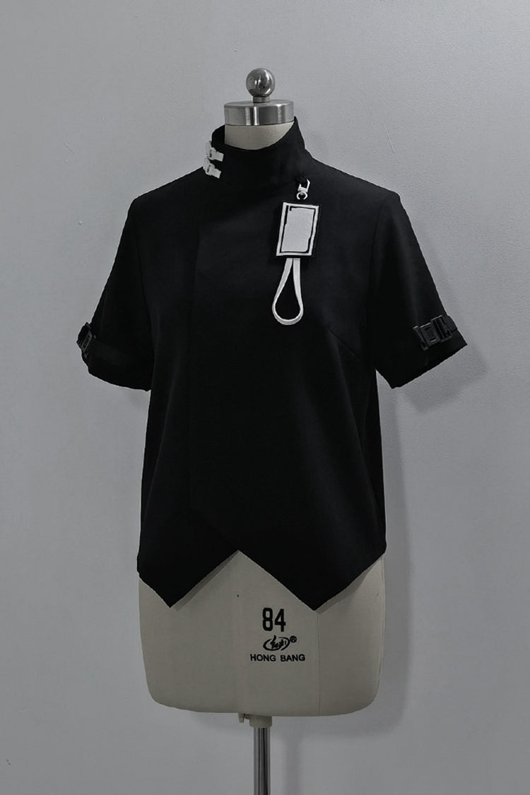 Black Functional Style Stand Collar Short Sleeves Ouji Fashion Prince Handsome Lolita Blouse - Product - 3