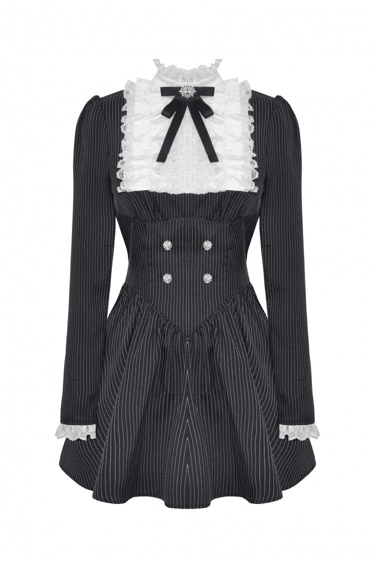 Black/White Striped Ruffled Lace Stand Collar Bow Long Sleeves Lace-Up Women's Gothic Lolita Graduation Dress - Product - 3